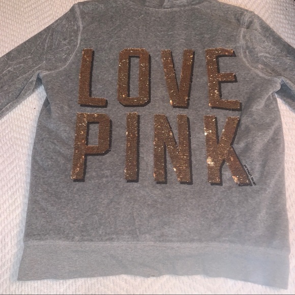 VS PINK fur lined zip up sweater grey velour - Picture 2 of 8